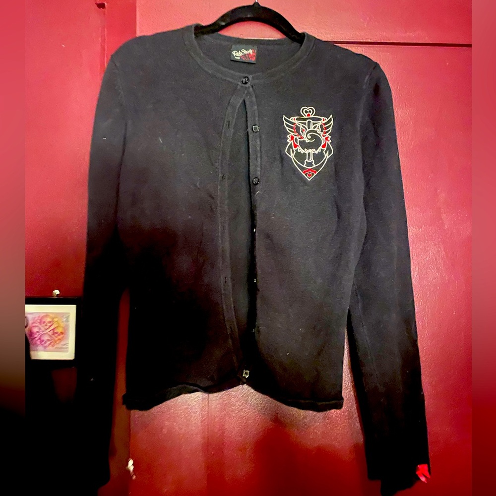 Rocksteady sweater cardigan embroidered heart bow detail pinup rockabilly